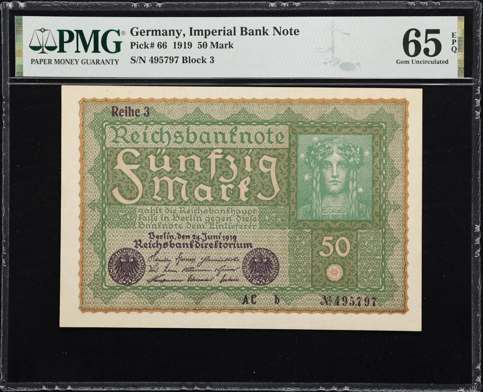 Germany Imperial Bank Note 50 Mark 1919 Pick-66 GEM UNC PMG 65 EPQ