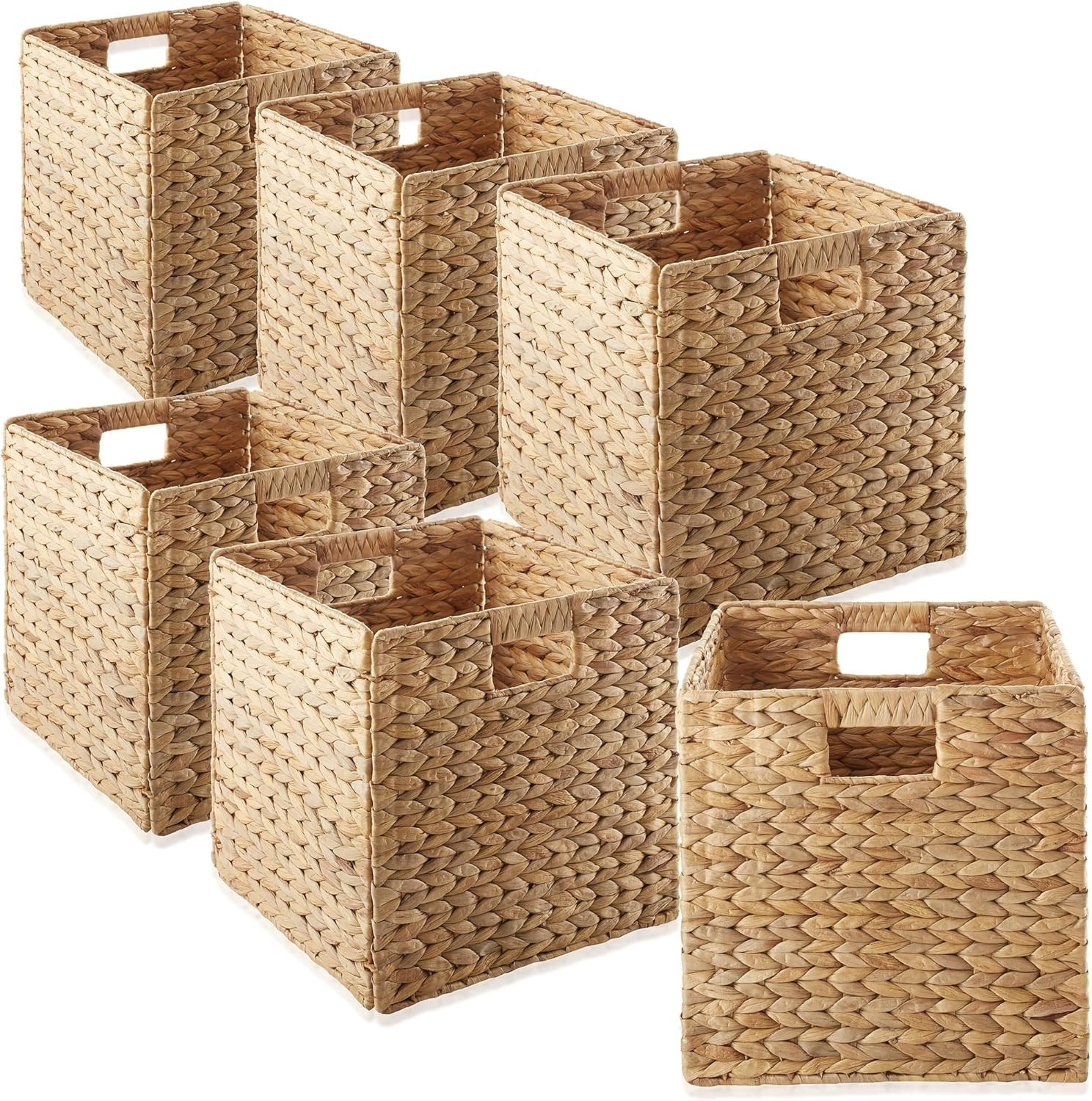 13" X 13" Water Hyacinth Storage Baskets, Natural - Set of 6 Collapsible Cube Or