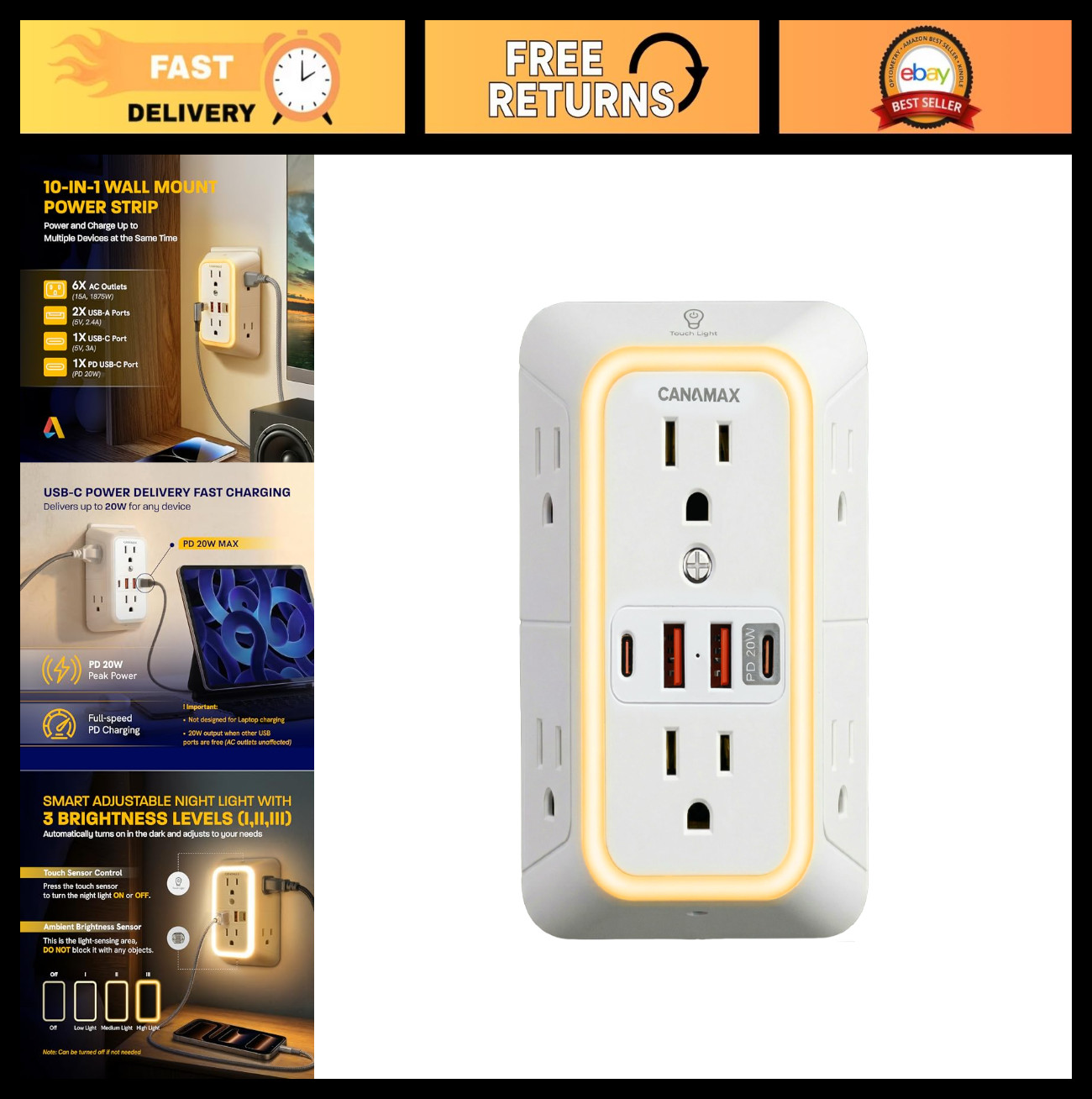 6 Outlet Wall Plug Extender with 4 USB Ports, 20W PD Fast Charging, Surge Protec