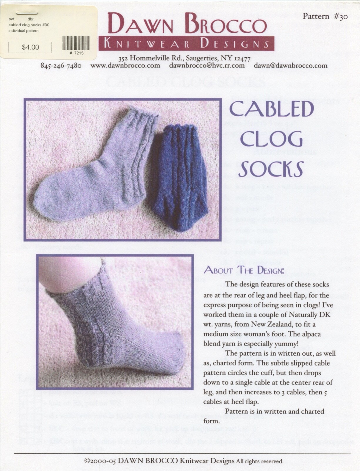 Dawn Brocco Knitting Pattern #30 Cabled Clog Socks knit for Medium Women's Foot