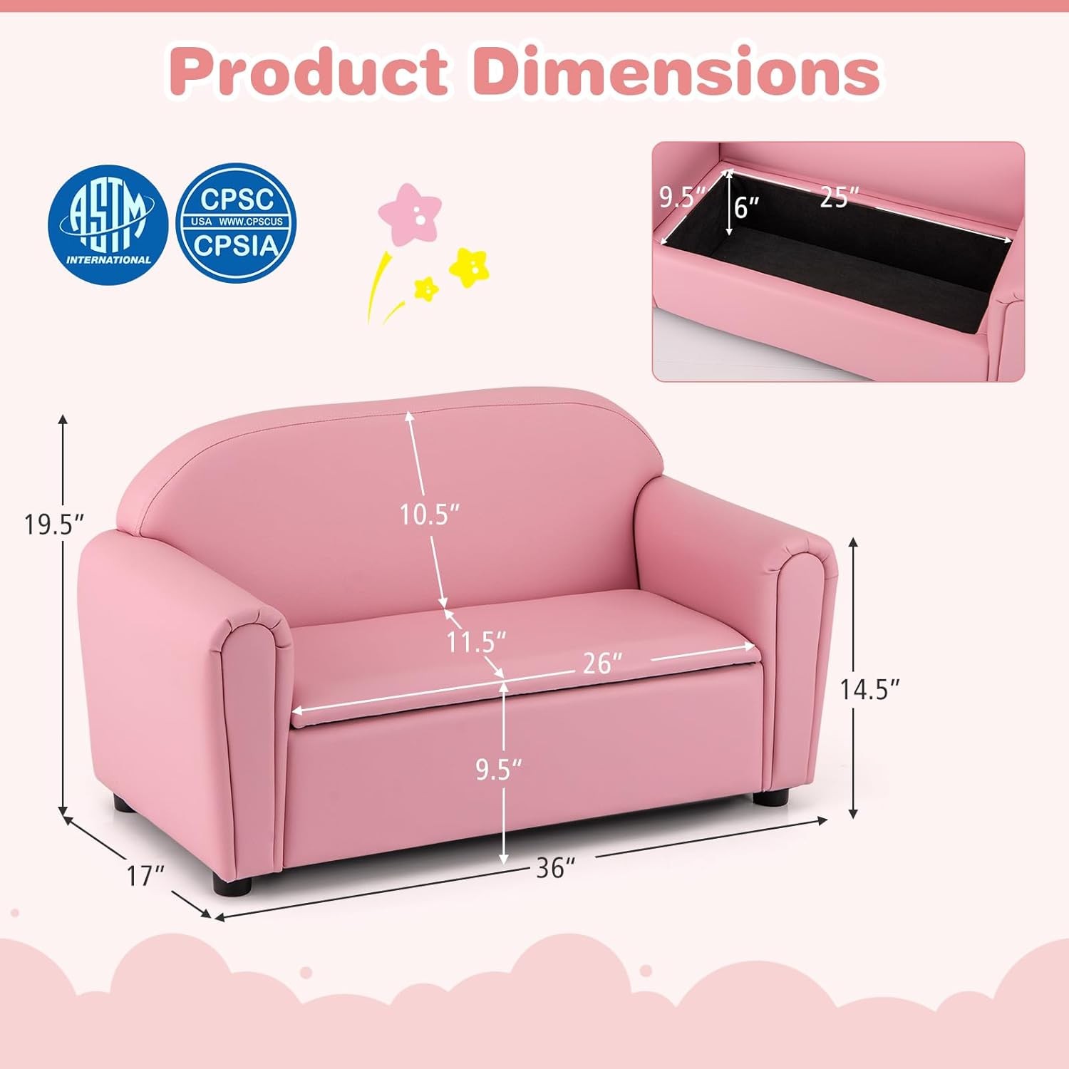 Kids Couch 2 in 1 Double Seat Children's Sofa w/Under Seat Storage PU Leather