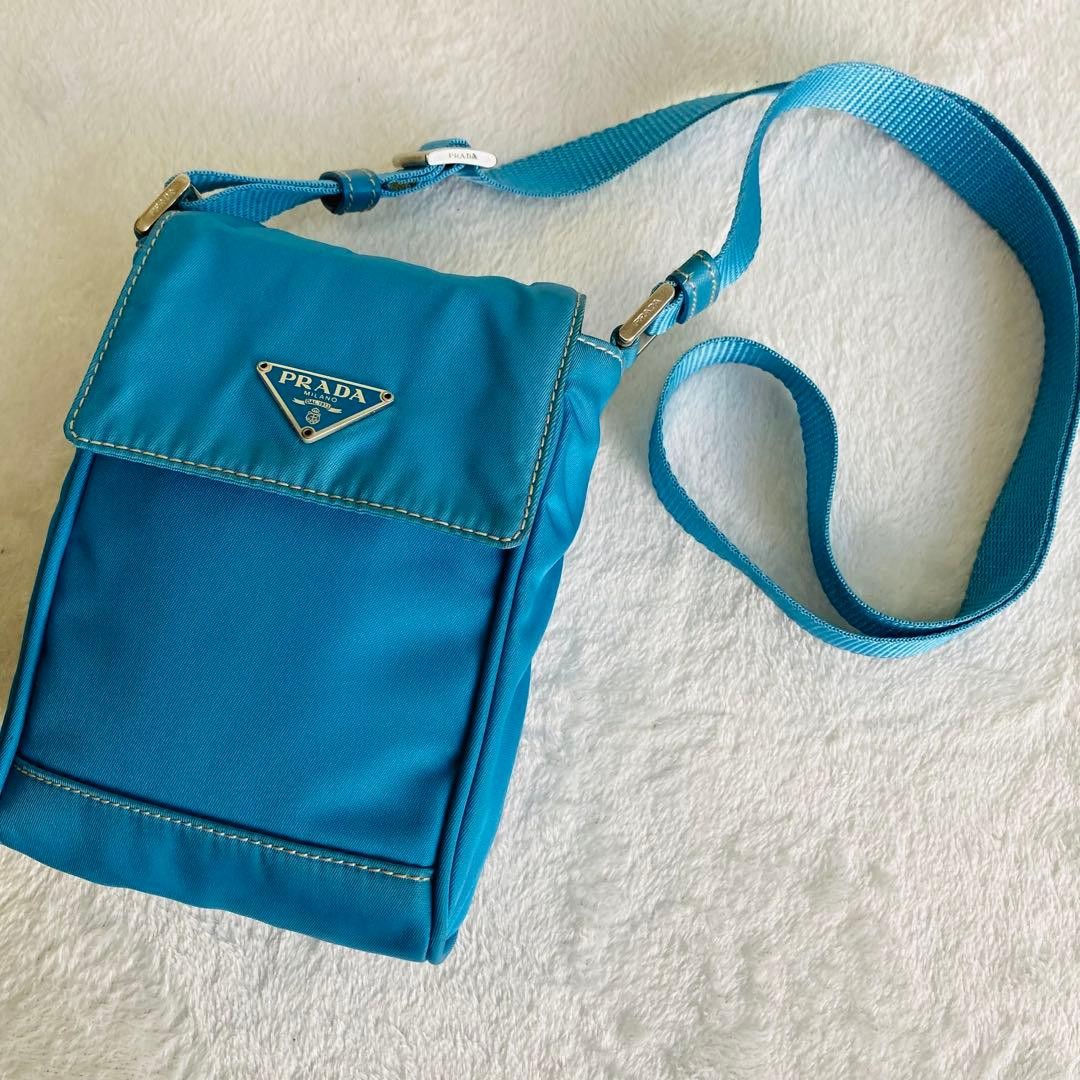 Prada Sacoche Small Shoulder Bag Water Blue Leather Used Authentic