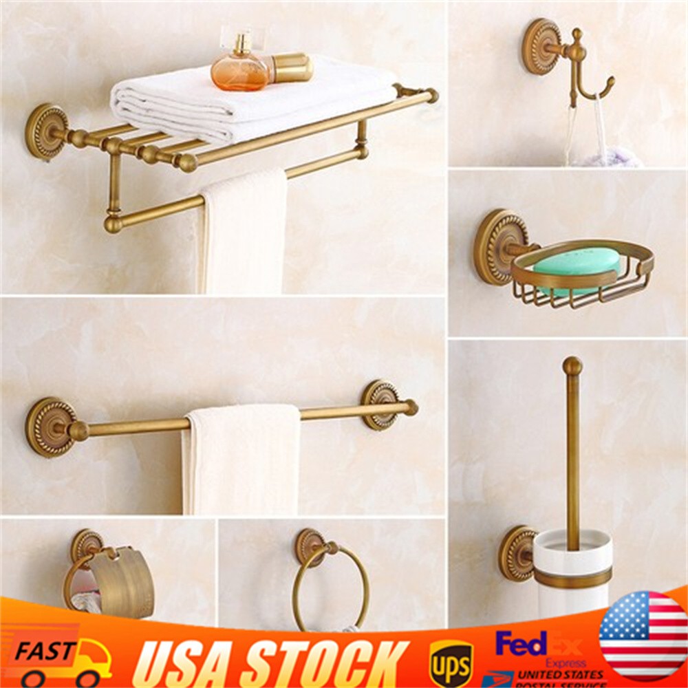 7Pcs Antique Bathroom Accessories Restroom Hardware Carved Brass Towel Bar