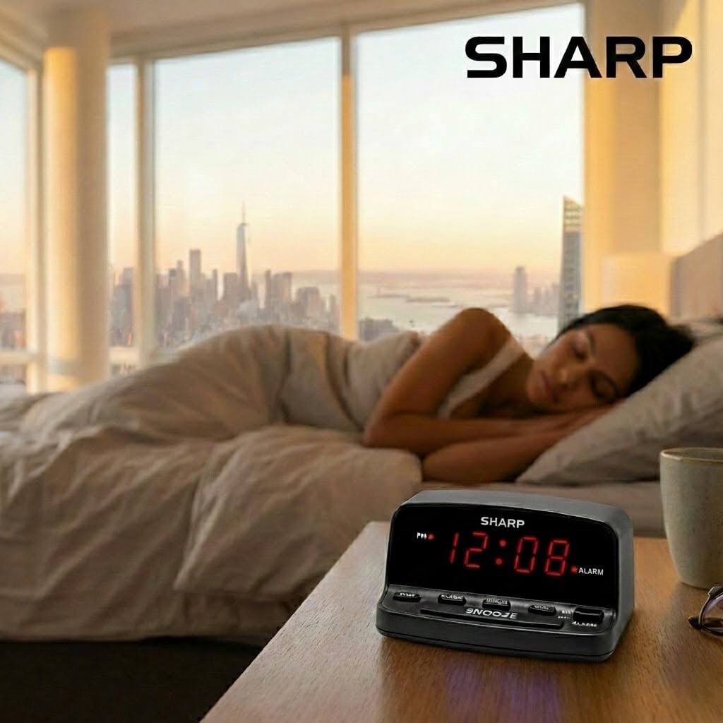 Sharp Digital Alarm Clock with Keyboard Style Controls, Battery Small, Black