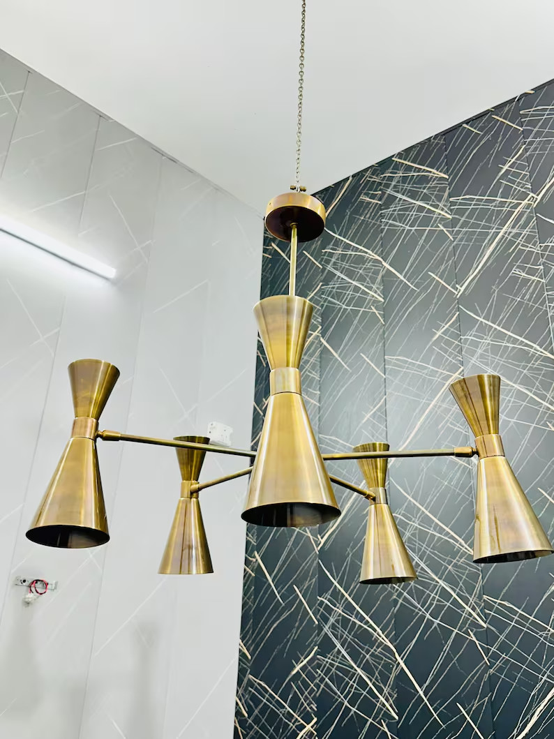 Mid-Century Modern Brass Chandelier: Adjustable 6-Light Ceiling Fixture