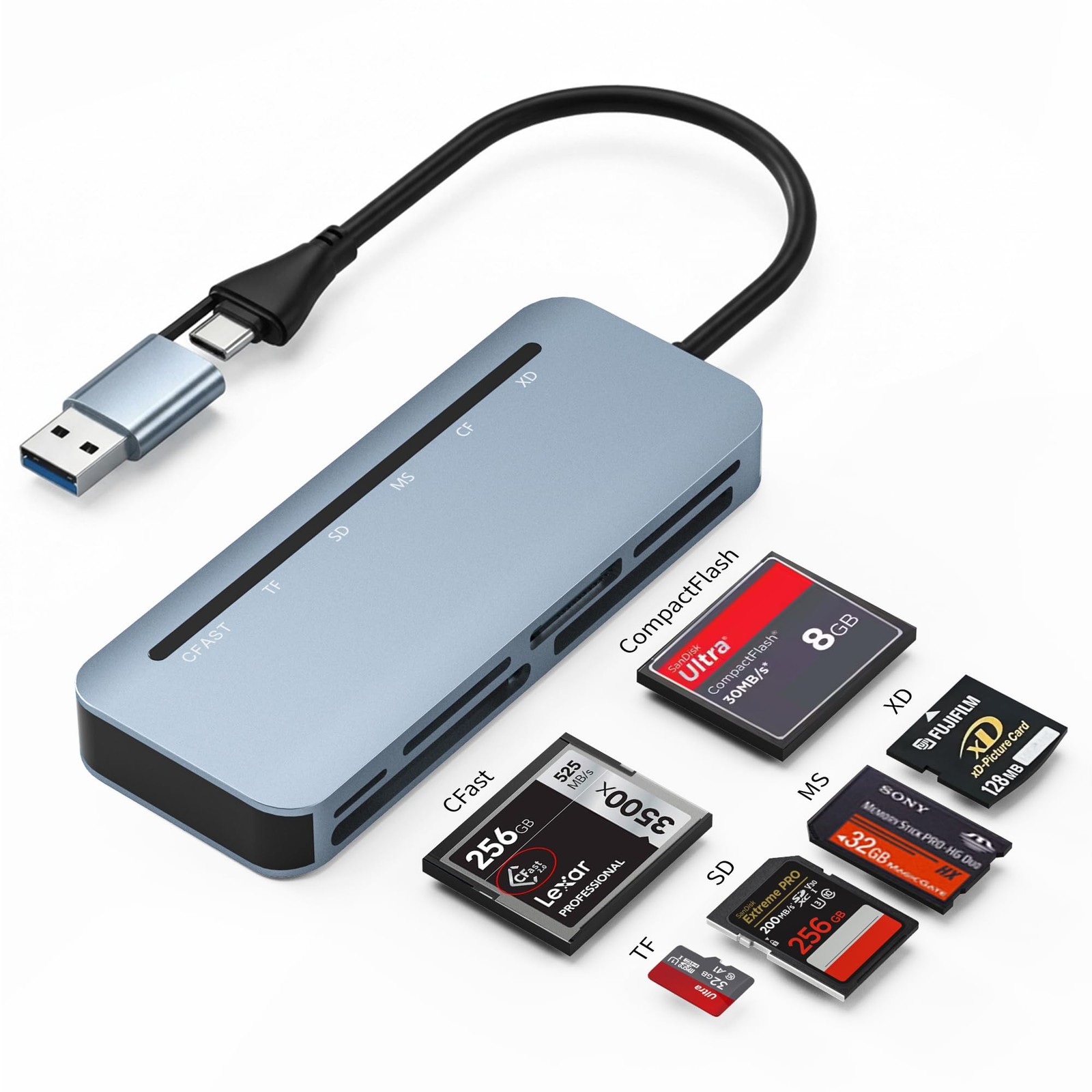 Compact Flash Card Reader - 6-in-1 CF/SD/TF/MS/XD/CFast Adapter, Read 6 Cards...