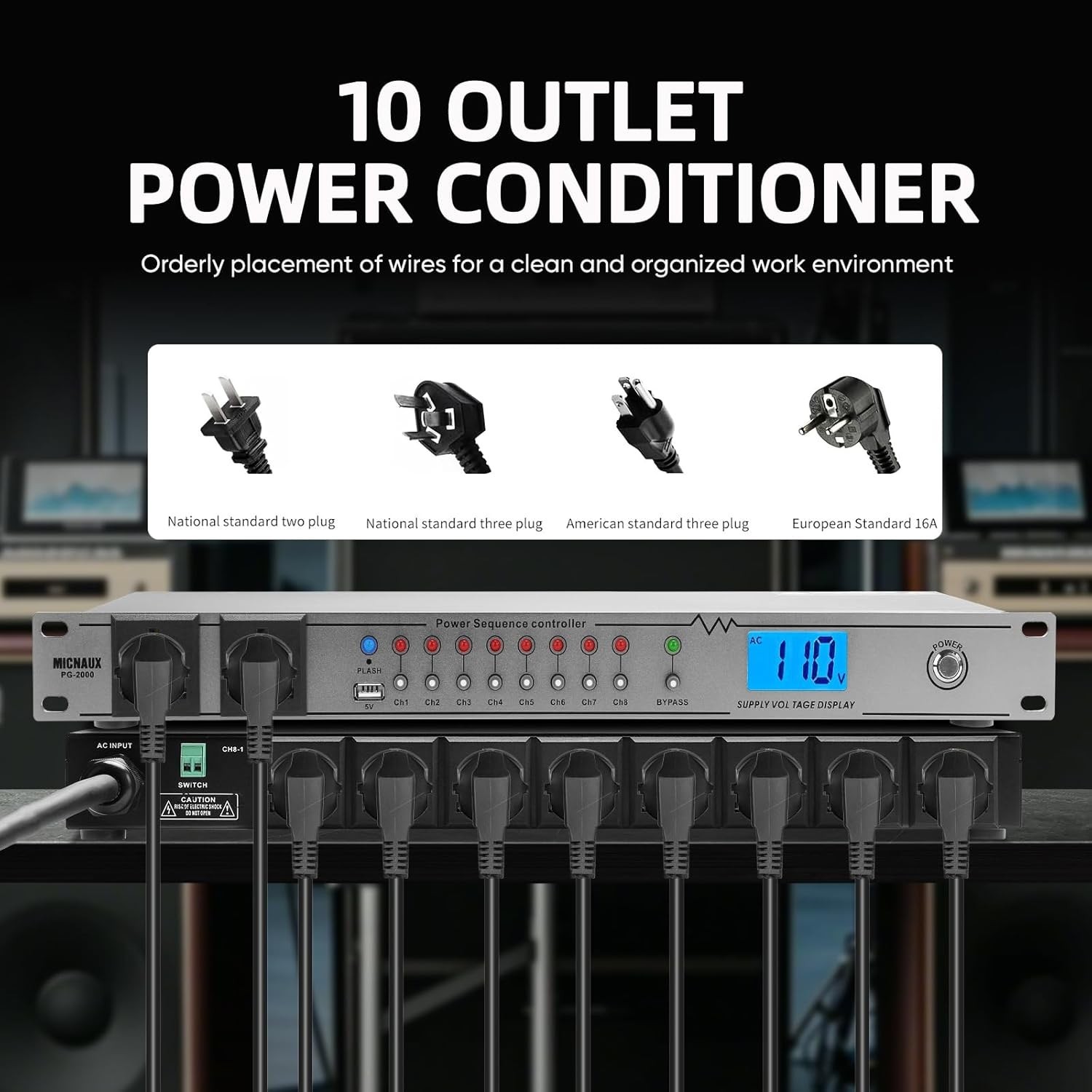 Rack Mount Sequencer Surge Protector 2000W 10 Outlets-