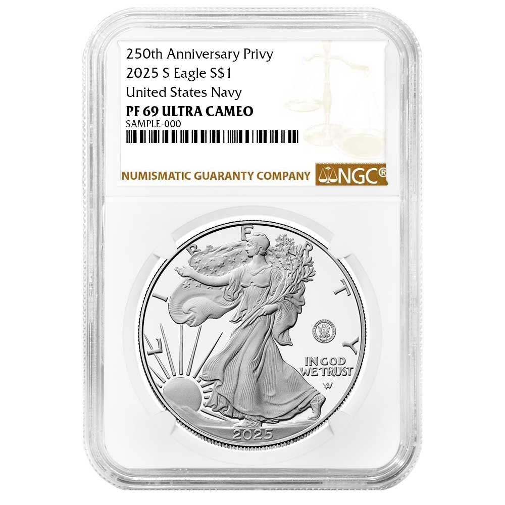 2025-S Proof $1 American Silver Eagle Navy Privy NGC PF69UC Brown Label 250th