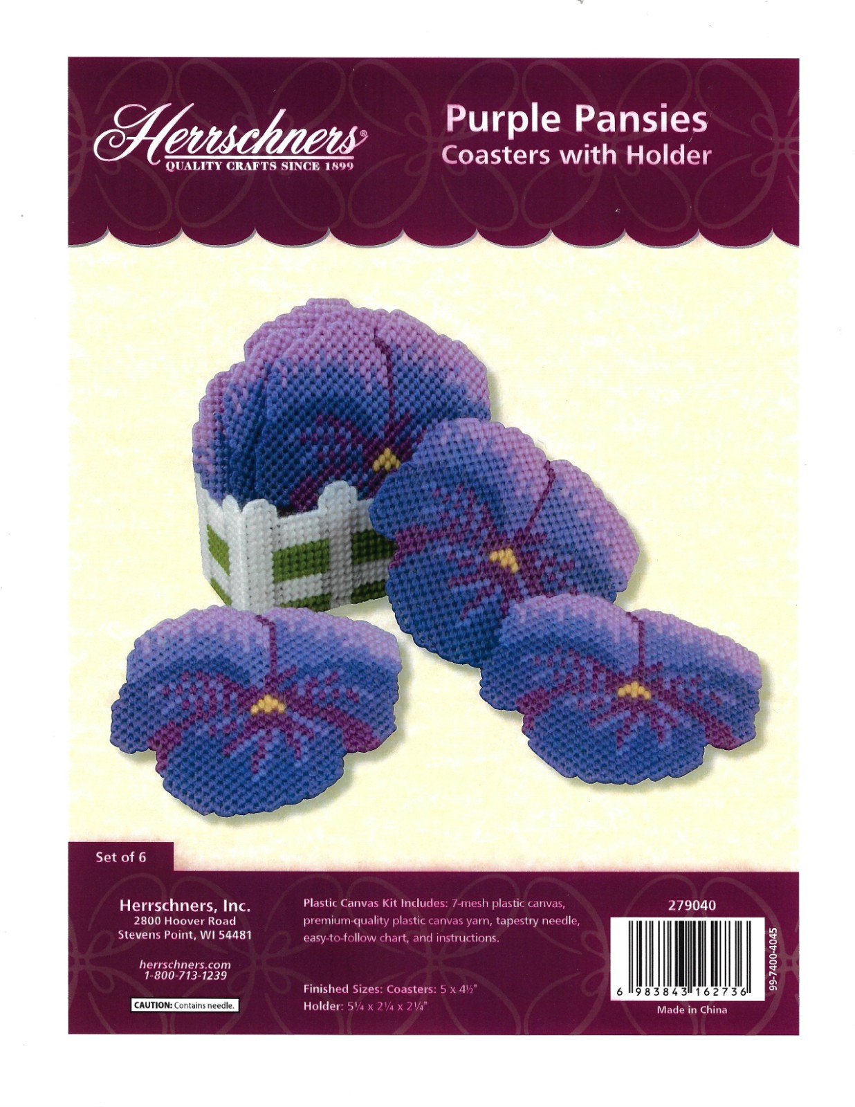 PURPLE  PANSIES COASTERS & HOLDER  7ct plastic canvas  PATTERN  (#TF0517)