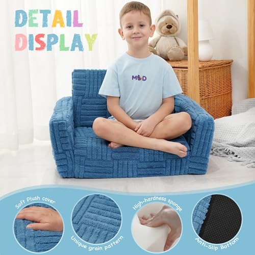 Toddler Couch for Kids – 2-in-1 Fold Out Sofa and Lounger, Soft Small Blue