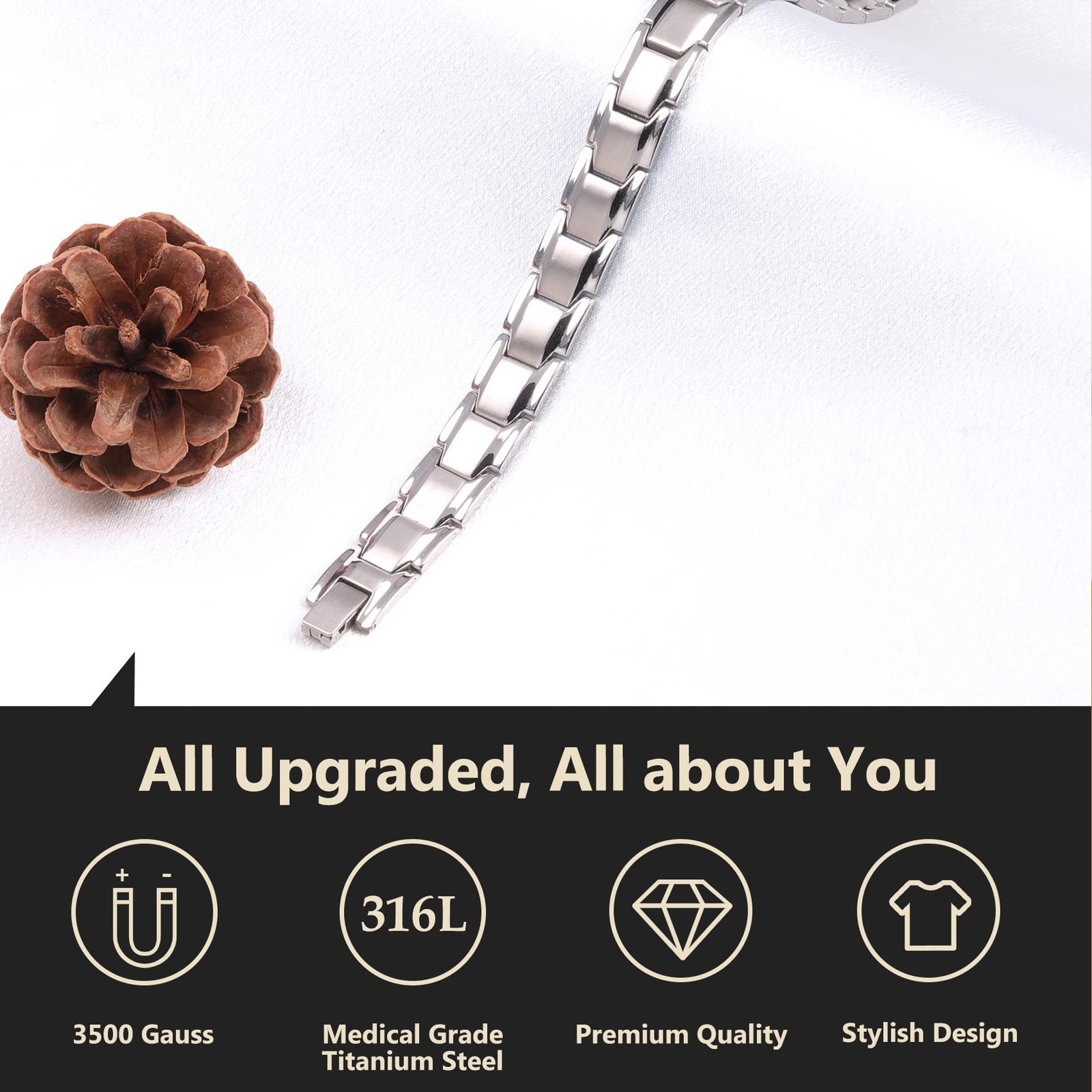 Feraco Mens Magnetic Bracelet Titanium Steel 1 Count (Pack of 1), Silver