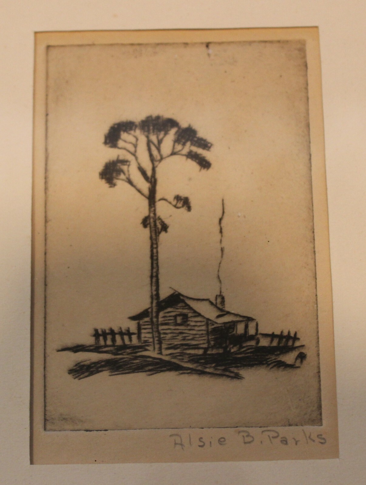 Vtg Ink Cabin Scene by Artist Alsie B. Parks 2 1/4" x 3 3/8" Overall 8.5" x 6.5"