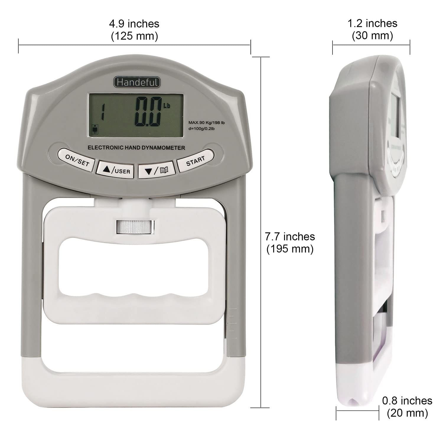 Handeful Grip Strength Tester, Hand Dynamometer (198Lbs / 90Kgs), Grey
