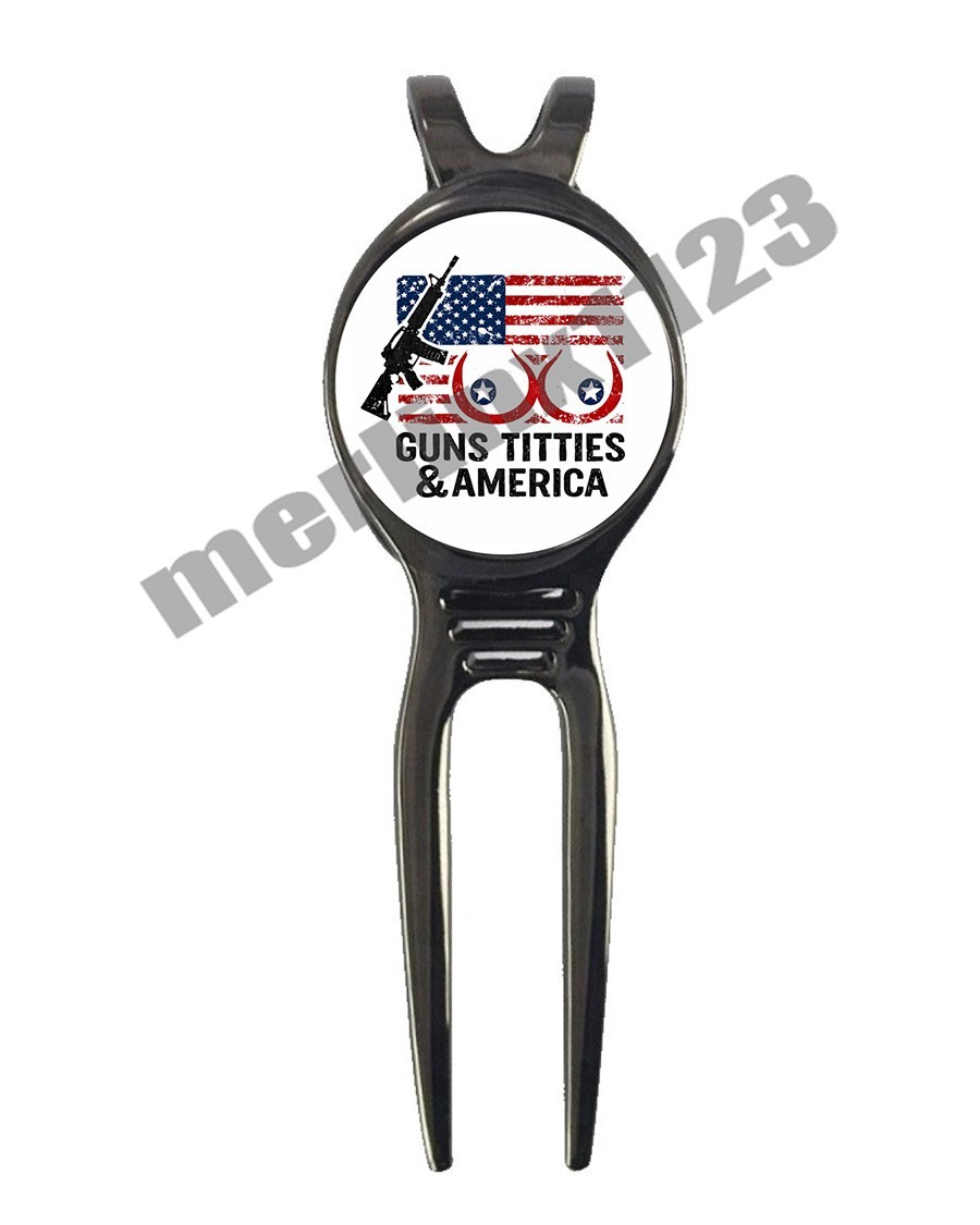 Guns Titties & America Golf Ball Marker + Black Gunmetal Divot Tool Boobs