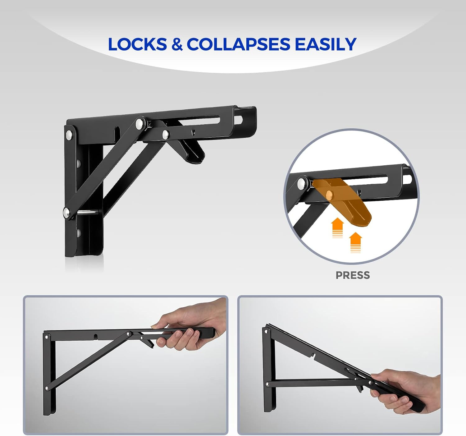 2 Pack 10 Inch Folding Shelf Brackets – Matte Black, Heavy Duty Collapsible B...