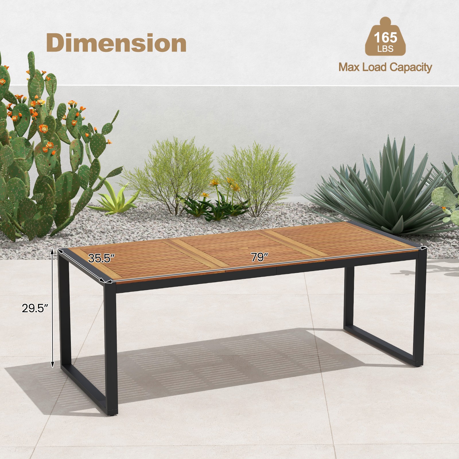 79" Acacia Wood 8-Person Patio Table w/ 1.9" Umbrella Hole, Adjustable Foot Pads