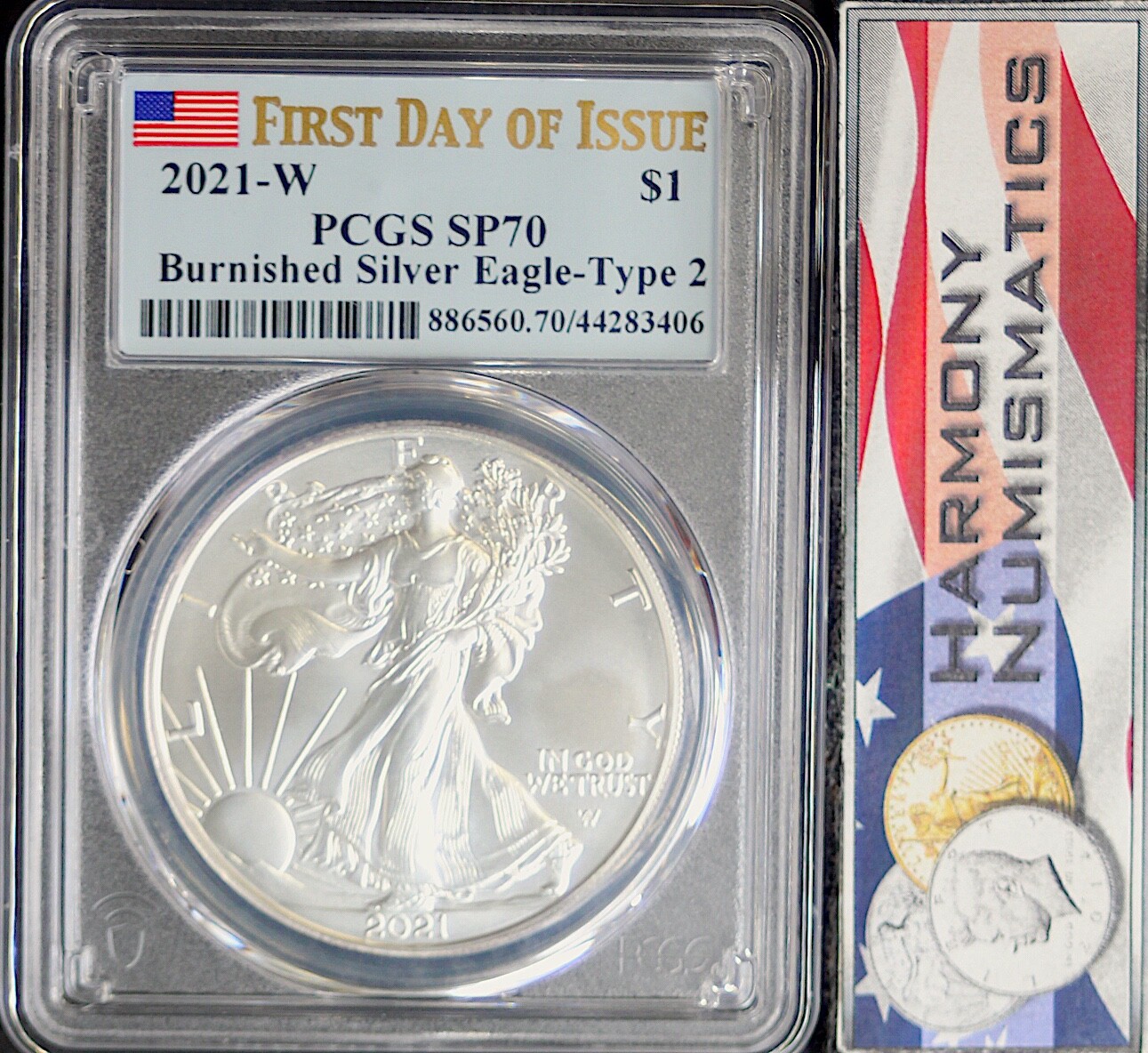 2021 W TYPE 2 BURNISHED SILVER EAGLE PCGS SP70 FDOI Flag Label