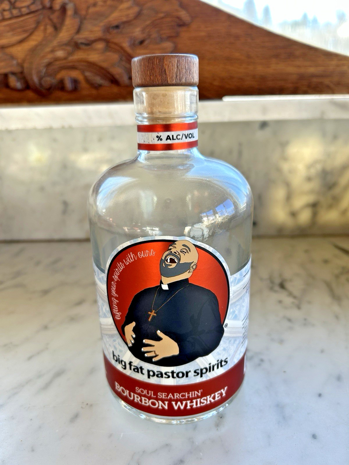 RARE BIG FAT PASTOR  EMPTY “SOUL SEARCHING” BOURBON BOTTLE WITH CORK STOPPER