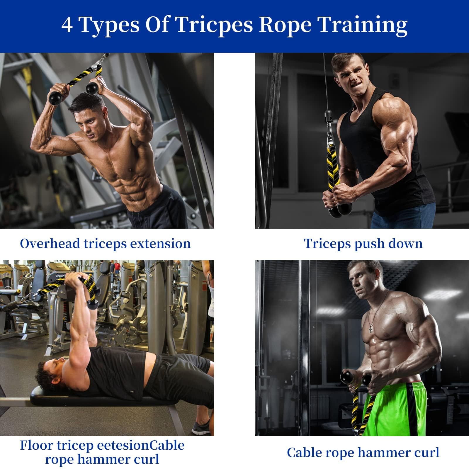 Tricep Rope Cable Attachment for LAT Pulldown - 27 & 36 Inch Non-Slip Design