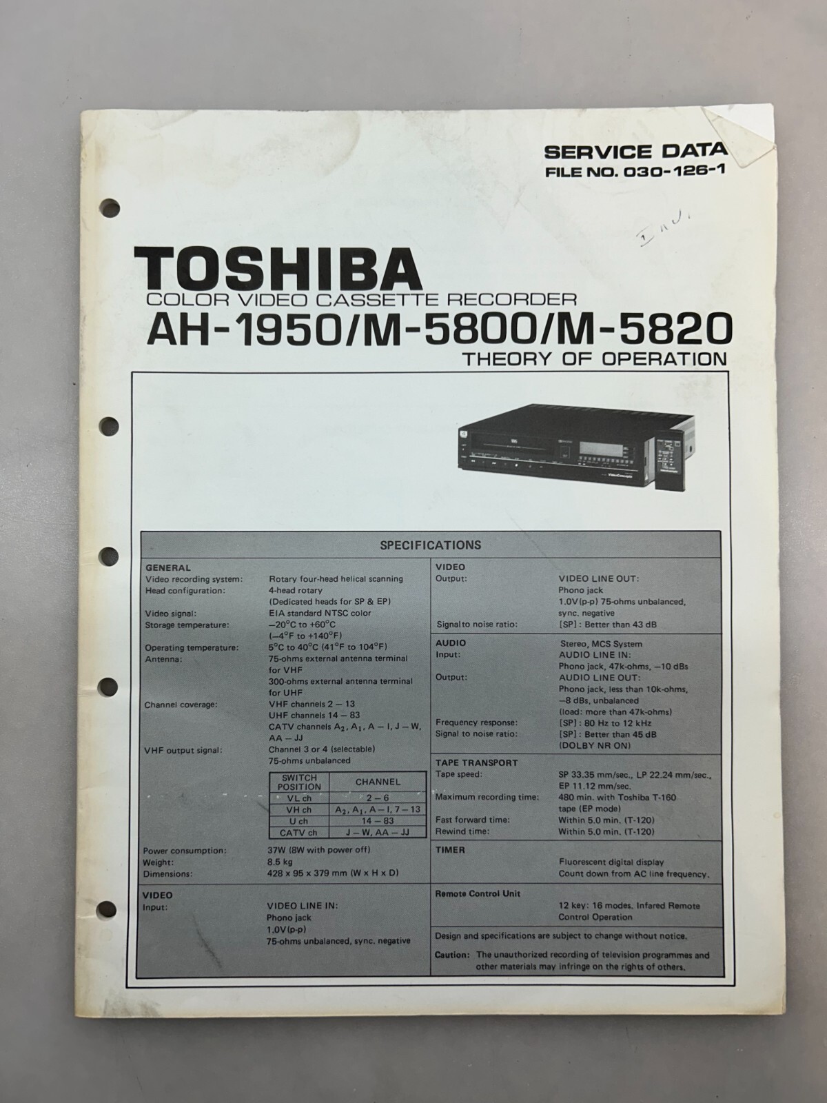 Toshiba AH-1950 M-5800 5820 Original Service Manual Free Shipping