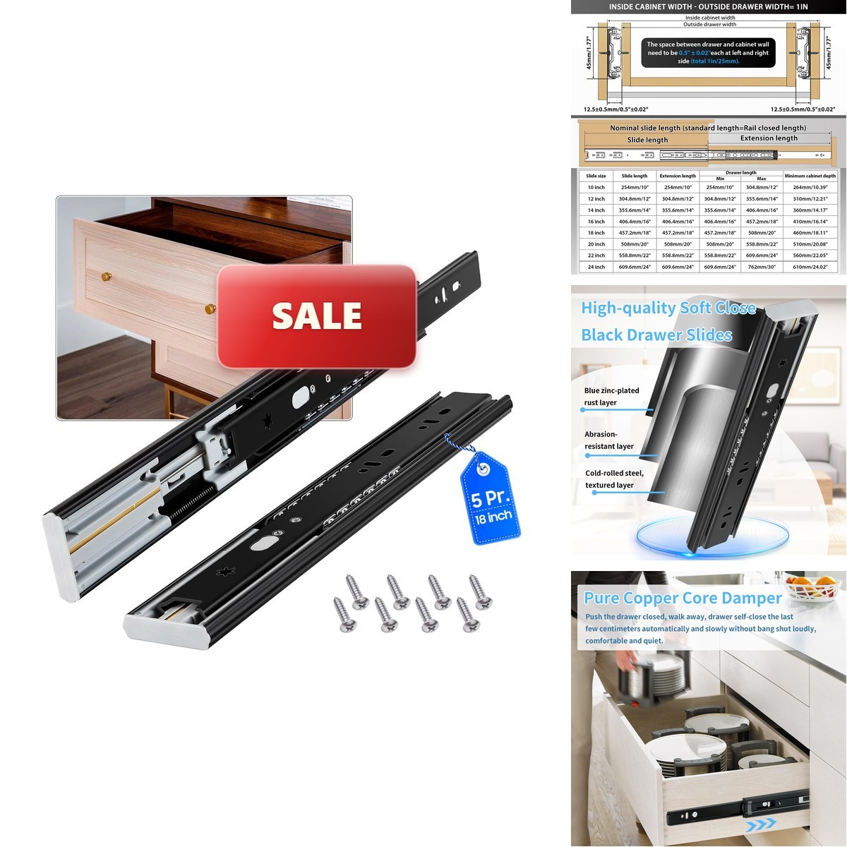 VAGUDE Soft Close Drawer Slides 5 Pairs Full Extension 12 14 16 18 20 22 24