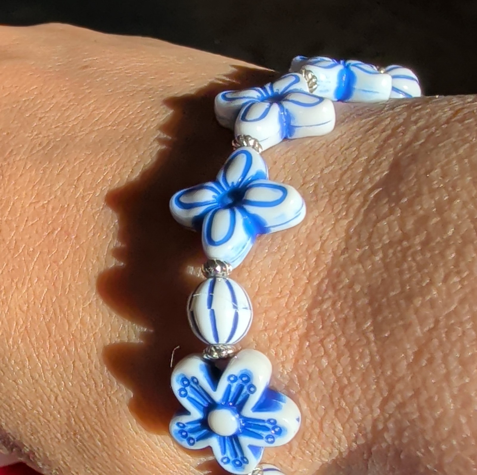 Beaded Bracelet Blue & White Plastic Flower Beads Handmade Floral Charm