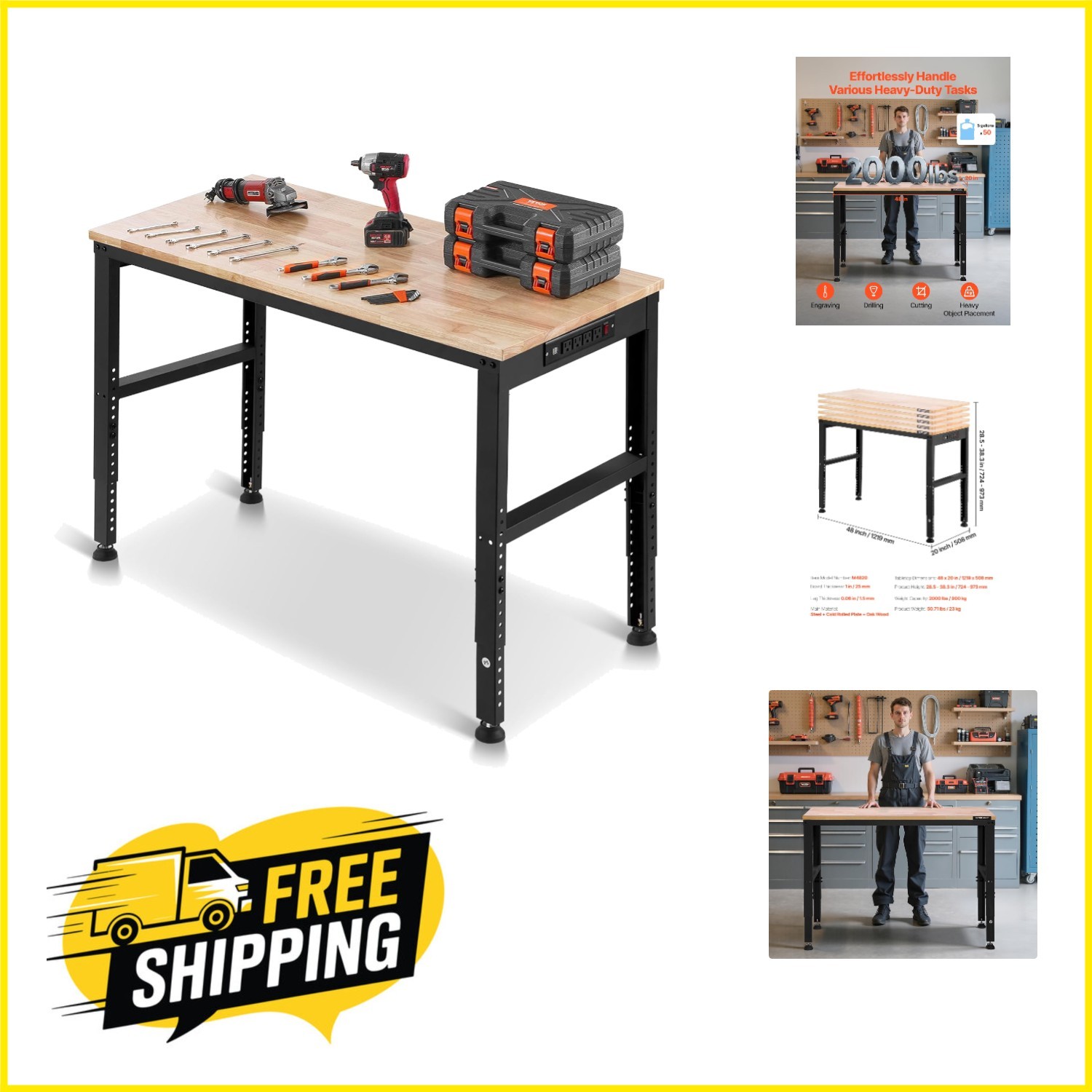 Enhance Your Workspace: 48x20 Heavy Duty Adjustable Workbench with Power Supply