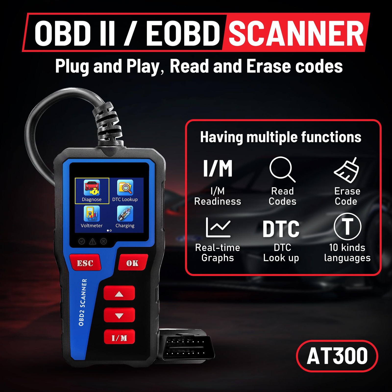 AT300 Car Code Reader Code Scanner Check Engine Fault for All OBDII Protocol