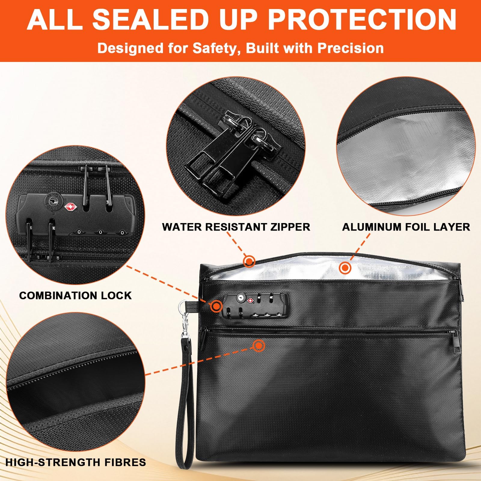 6400F Fireproof Document Bag with Combination Lock - Heat Resistant Money for