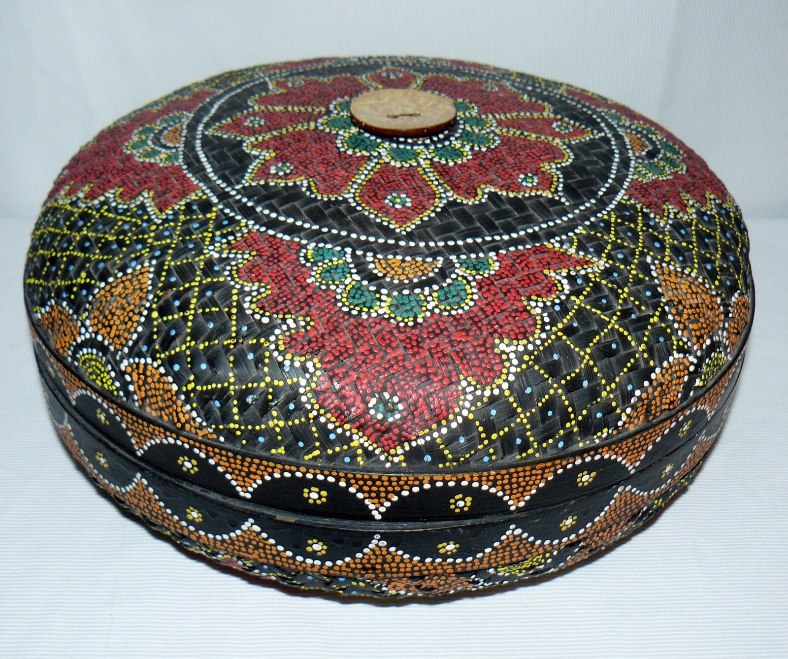 Rattan Woven Round Lidded Basket Hand Painted Stippled Design