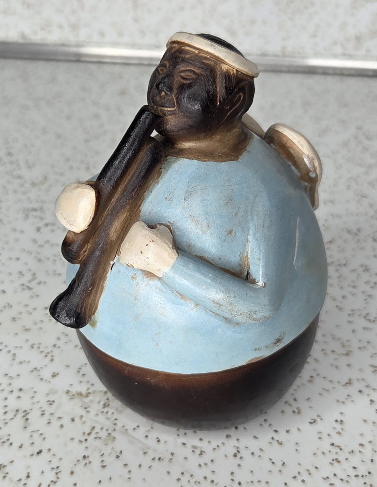 Vtg Chulucanas Peru Folk Art Angel Man w/ Trumpet Pottery Clay Figurine Signed