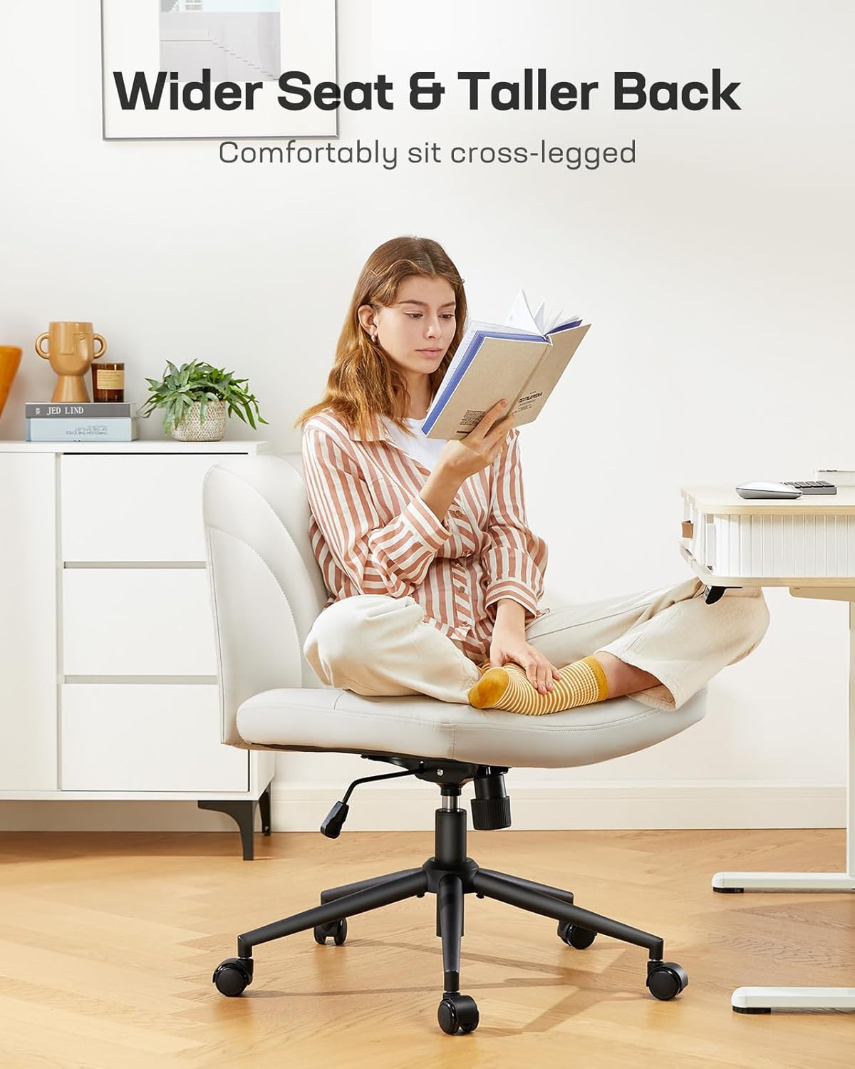 Criss Cross Chair with Wheels: PU Leather Cross Legged Office Chair Wide Armless