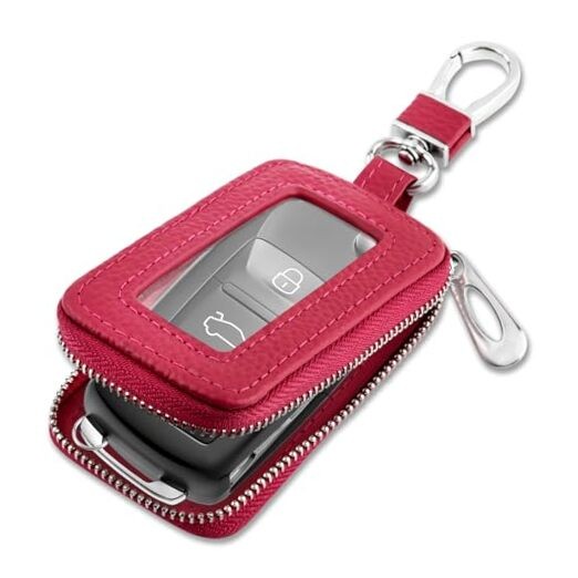 Stylish Car Key Fob Case with Sunroof&Keychain,Leather Car Key Fob Rose Red