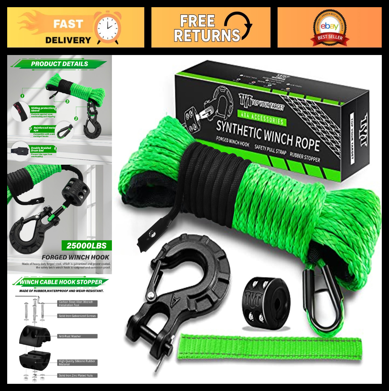 Synthetic Winch Rope Kit 1/4" x 50' 10000 lbs Strength Heavy Duty Hook & Sleeve