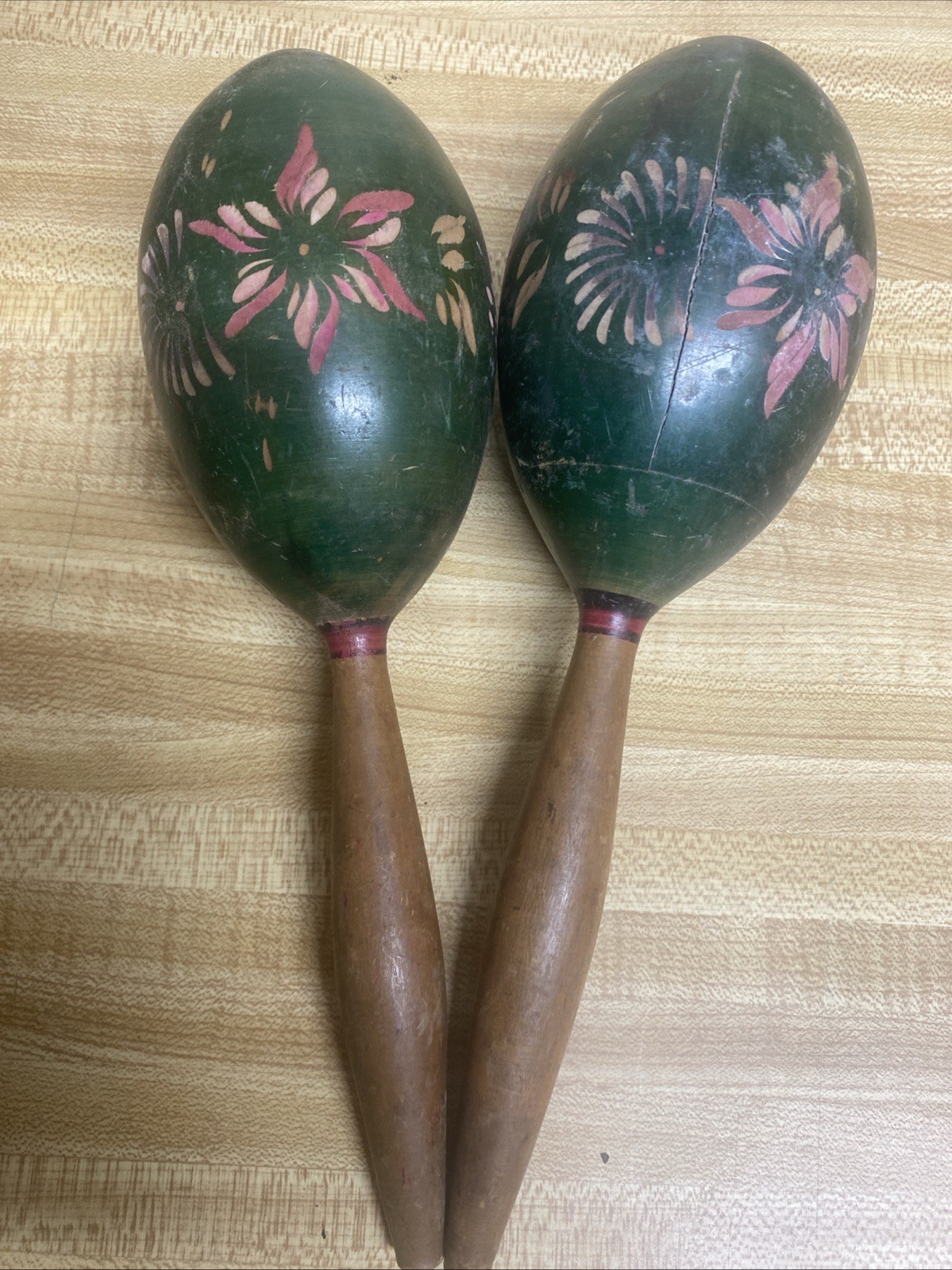 Vintage Hand Painted Green Maracas Carved Flower Red Pink Flowers Wood Handle