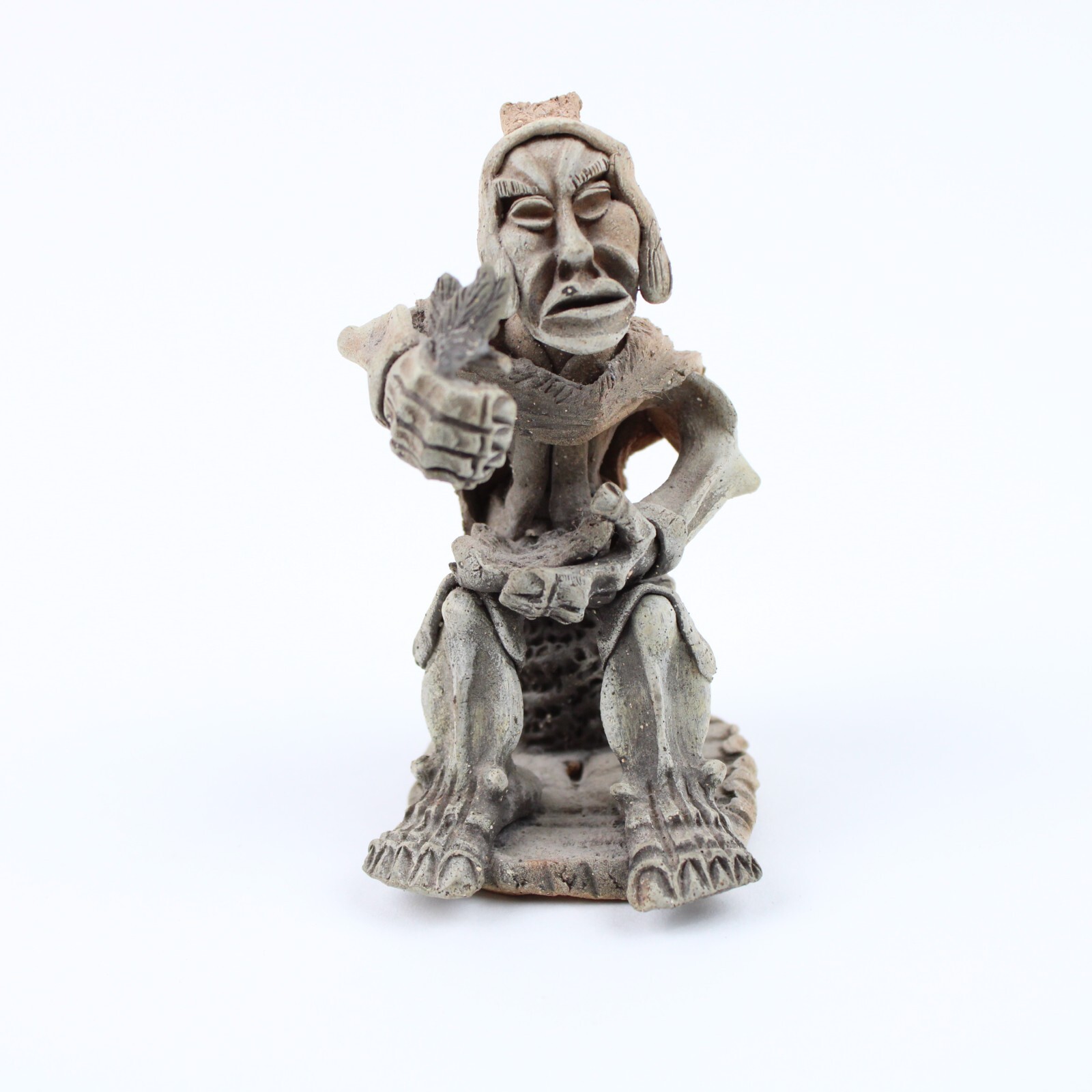 Vintage Cusco Peru Folk Art Figural Pottery Sitting Man with Bird & Nest CASTRO