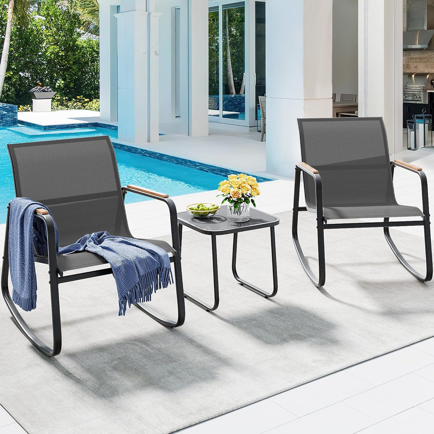 3 Piece Rocking Bistro Set, Outdoor Patio Furniture Set with Wooden Armrests, Po