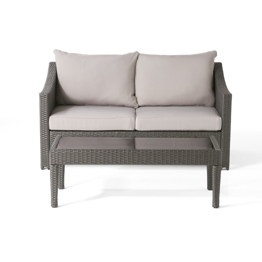 Outdoor Patio Loveseat with Glass Table & Removable Waterproof Cushions, Grey
