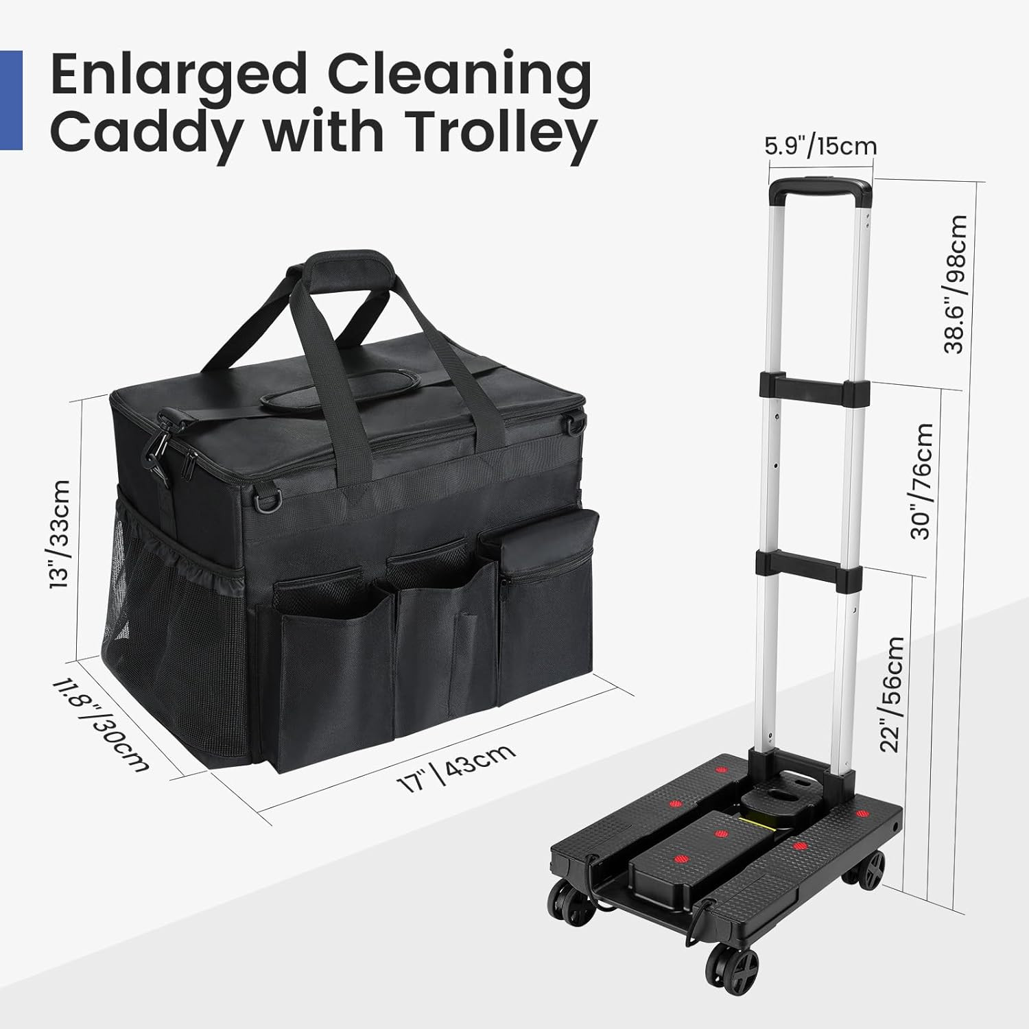 Extra Large Rolling Cleaning Caddy Bag with Trolley & 360° Wheels, Black