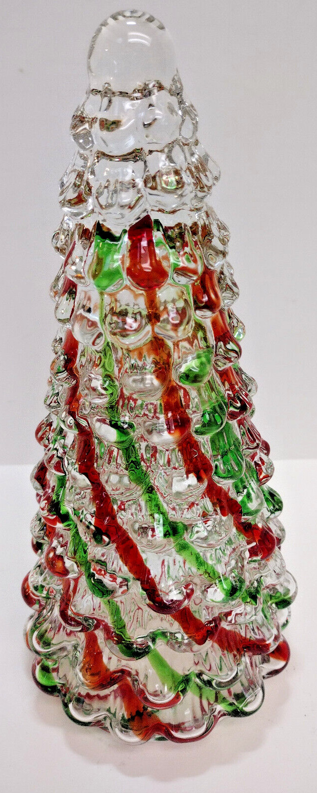 Pier 1 Imports Clear Glass Christmas Tree Art Glass Red & Green Stripes 9¾" Tall