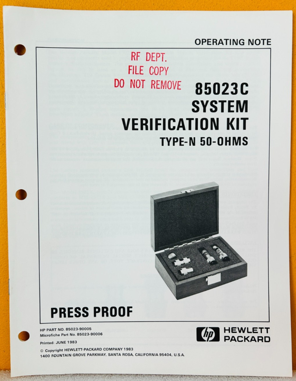 HP 85032-90005 85023C System Verification Kit Type-N 50 Ohms Operating Manual.