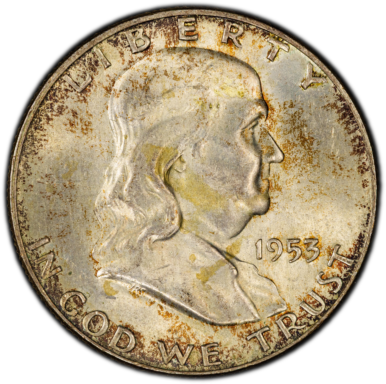 1953-D PCGS MS64 FBL Franklin Half Dollar | Natural Rim Toning | Unique Coloring