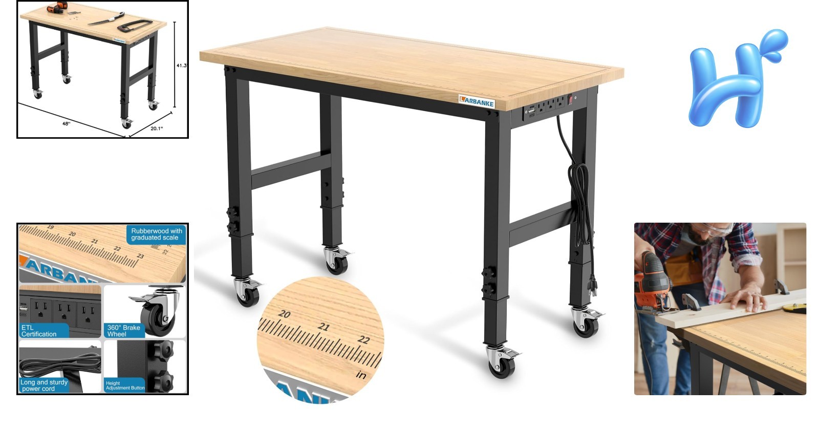 Versatile 48" Rubber Wood Workbench with Adjustable Height & Mobility Wheels
