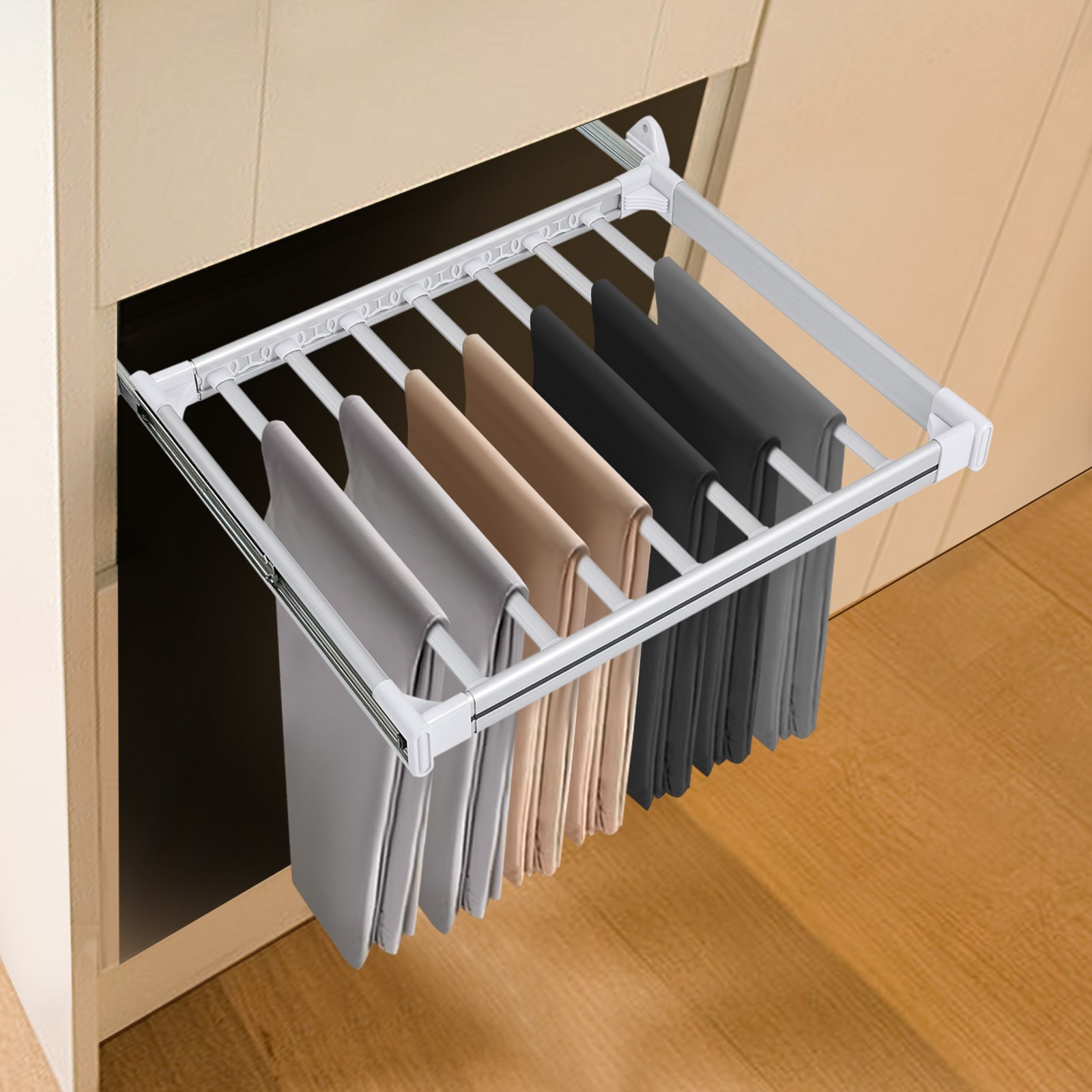 Wall Mount Pull Out Trouser Rack Closet Pants Hanger 11Bars Pants Storage Holder