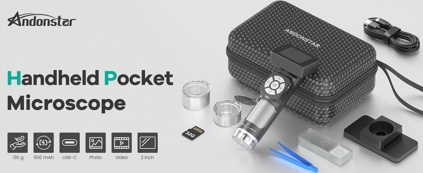 Portable Pocket Microscope Kit - Mini Handheld Digital Microscope 2" Screen 500x