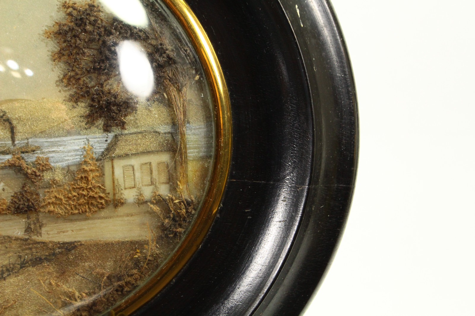 Antique 19th C. Mixed Media Reverse Glass Grisaille Diorama Oval Ebonized Frame