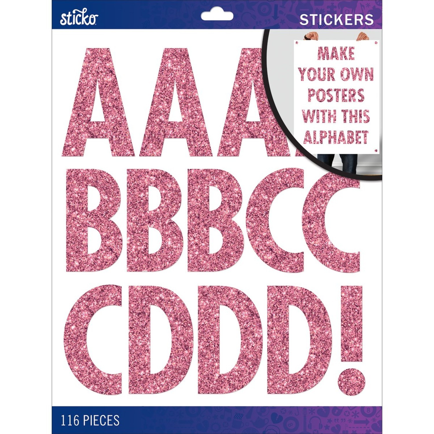 Sticko Alphabet Stickers, Regular X-Large, Pink Glitter Futura