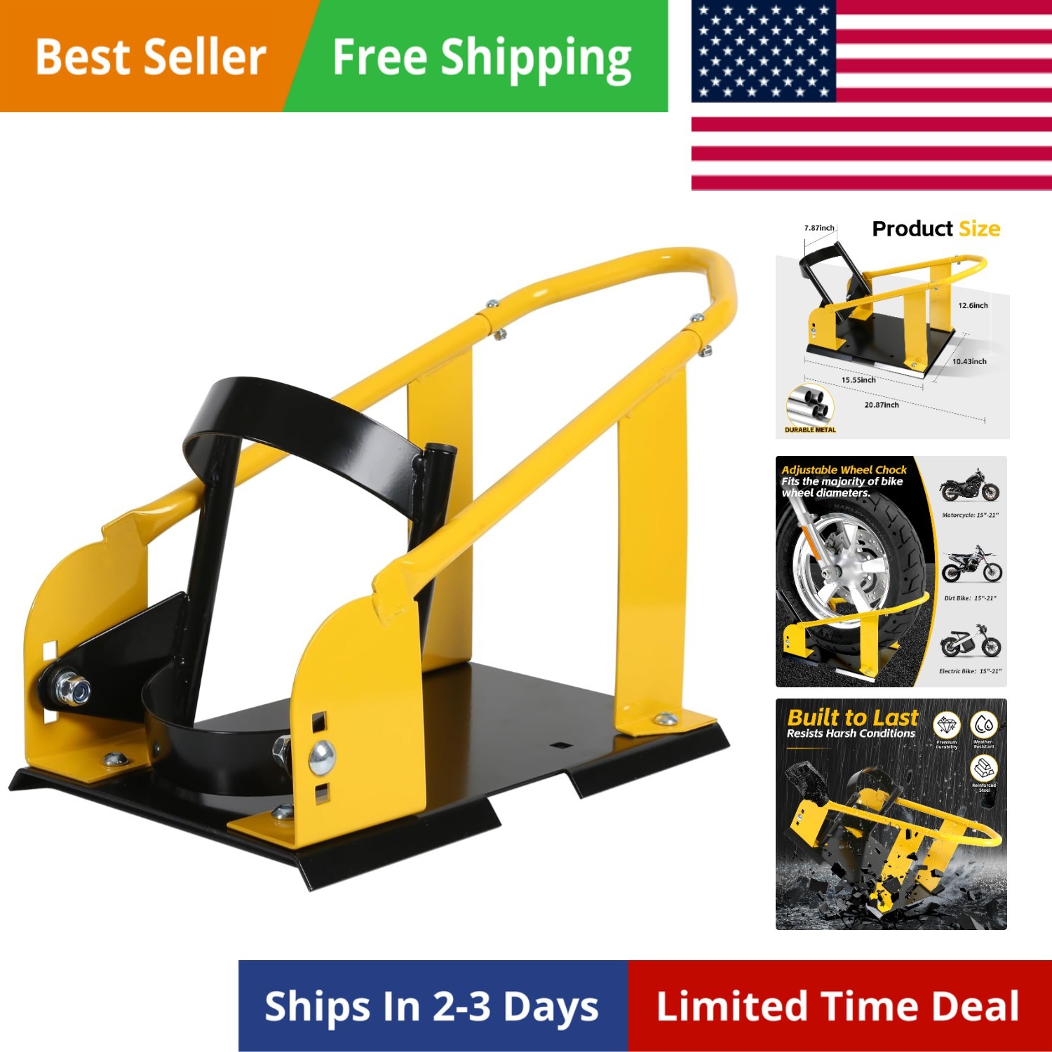 Adjustable Motorcycle Wheel Chock Stand with Auto-Lock Cradle, Fits 15"–21" T...