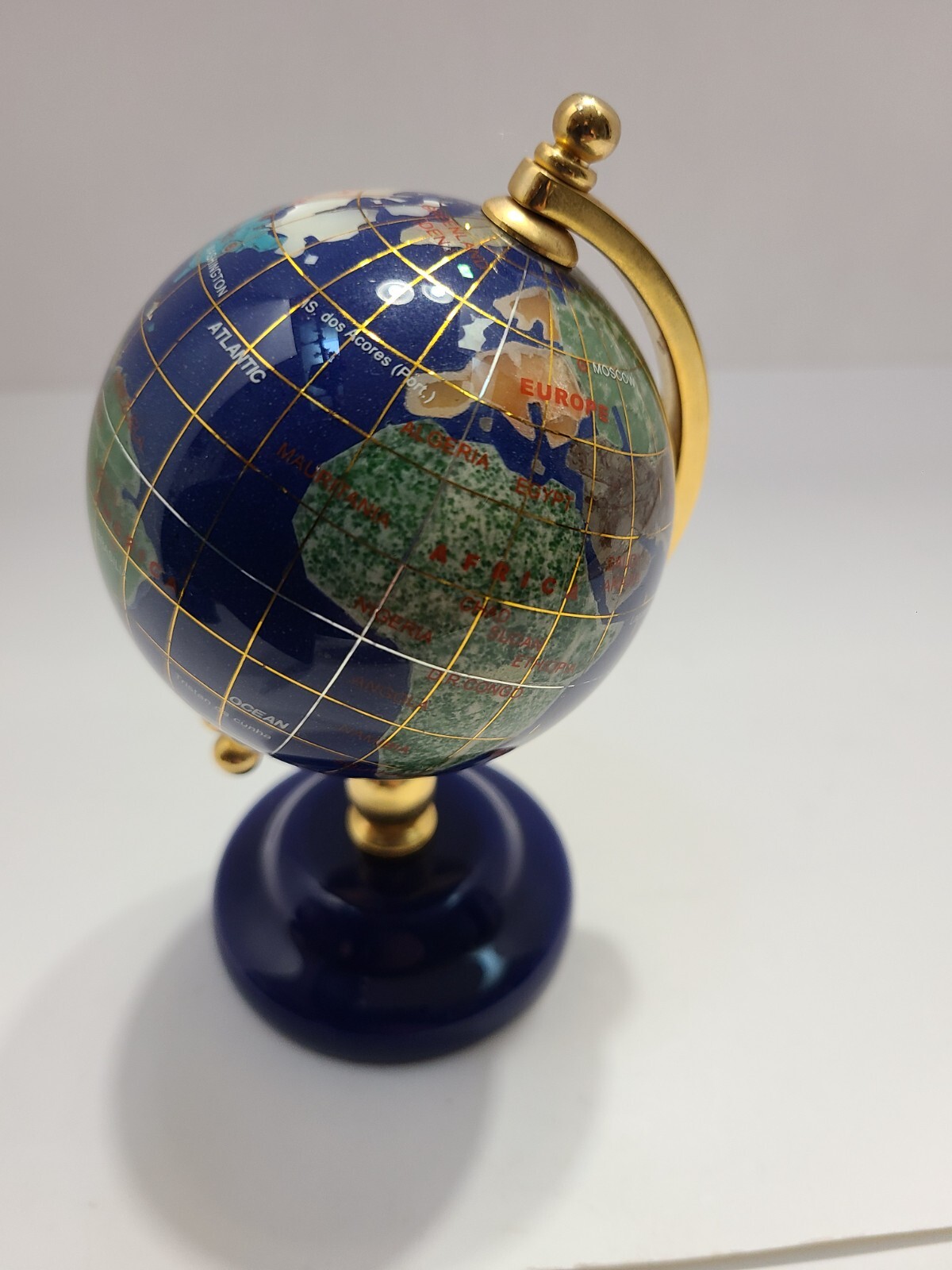 VTG. Blue Lapis Glass World Globe with Semi Precious Gemstones