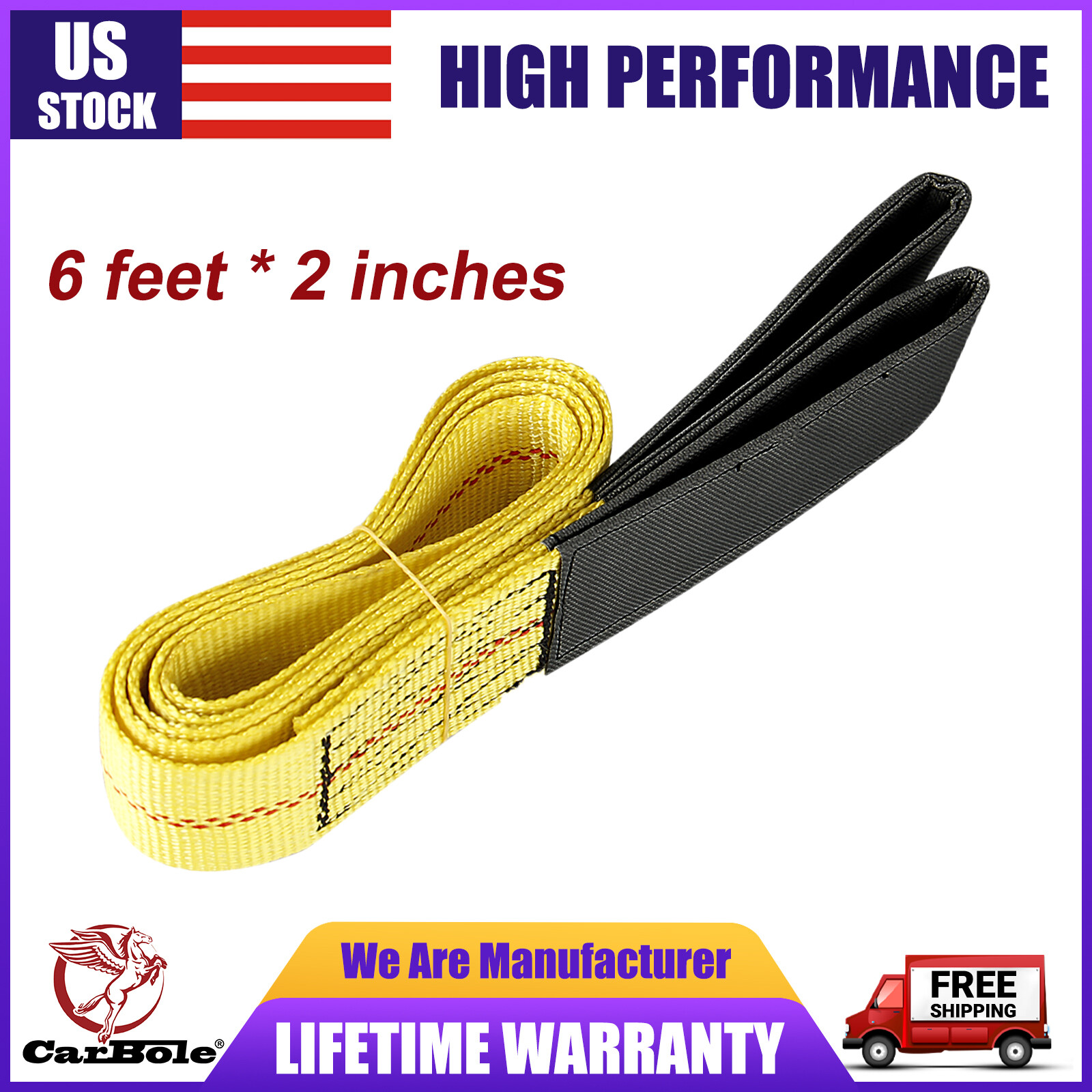 Heavy Duty 6' x 2"  9000LBS Nylon Flat Lifting Sling Strap Eye Polyester Webbing